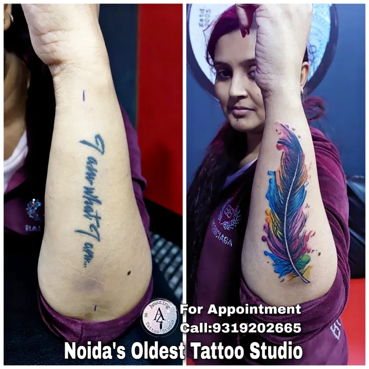 Cover Up With Colored Feather Tattoo