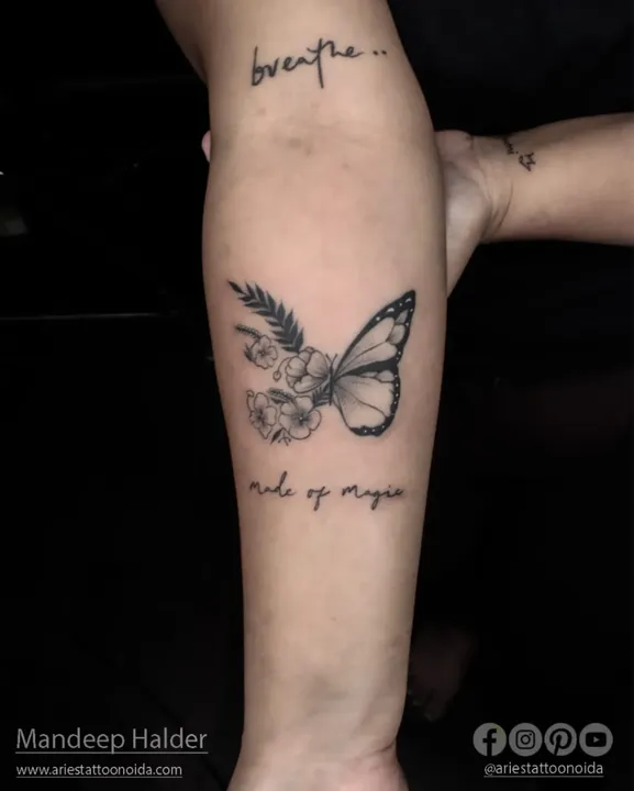 Butter Fly Tattoo With Flower