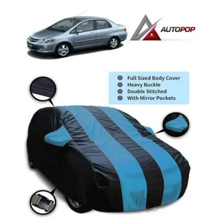 AutoPop Car Water Resistant Body Cover Twin Color Blue Stripes with Under Belly Belt
