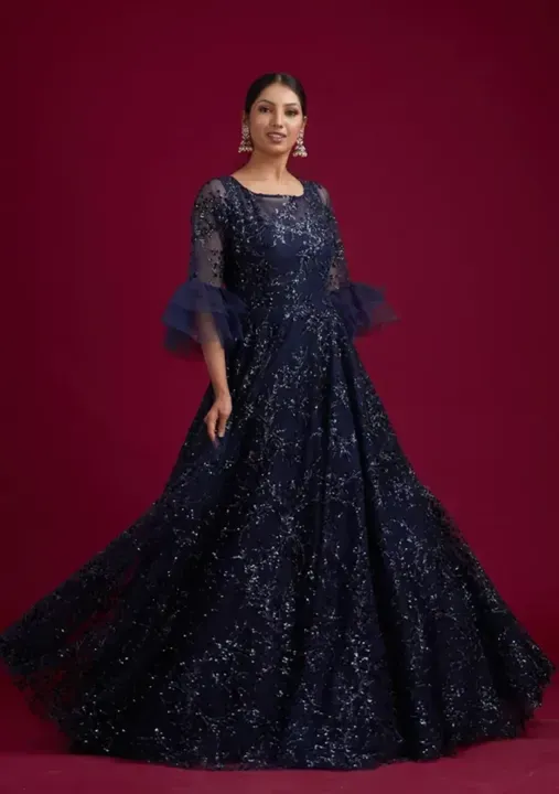 Navy Blue Sequins Net Designer Gown
