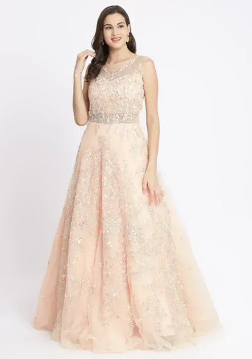 Peach Sequinned Net Designer Gown