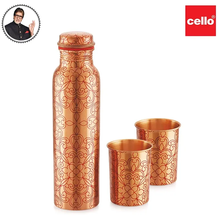Cello Cop-Pura Divine Gift Set Floral Water Bottle With 2 Glasses