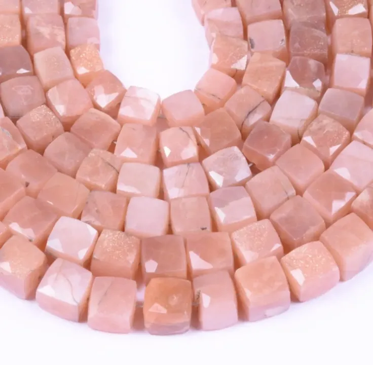 Peach Moonstone Faceted Cube Briolette, Box Shape Beads