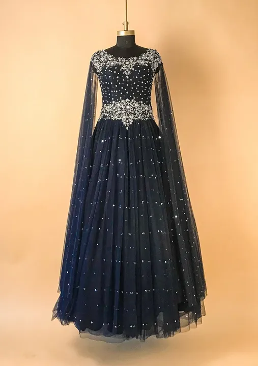 Navy Blue Silver Stonework Net Designer Gown
