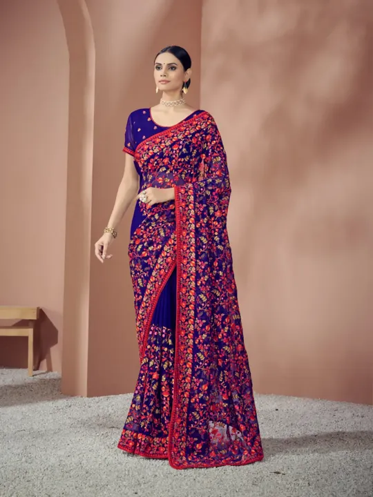 Blue Color Georgette Floral Embroidered Saree