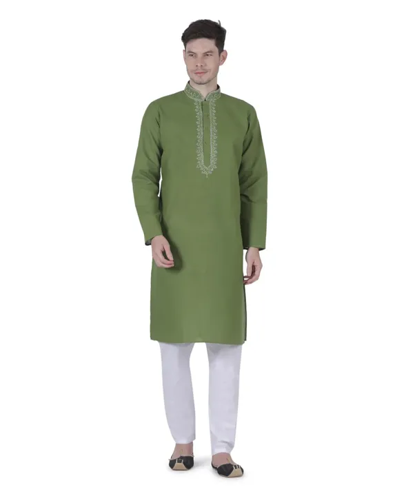 Green Color Linen Cotton Embroidered Kurta Pajama