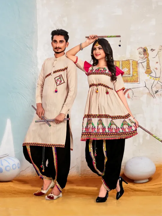 Beige Color Cotton Thread Work Couple Navratri Outfit