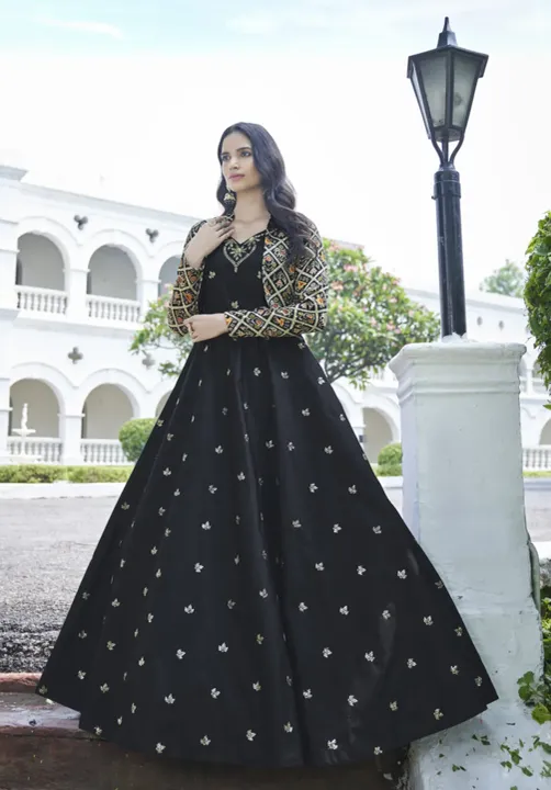 Black Color Cotton Sequins Work Long Gown With Koti