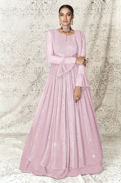 Baby Pink Color Georgette Sequins Work Long Suit