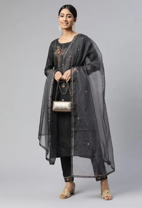 Black Color Chinnon Zari Embroidered Readymade Dress