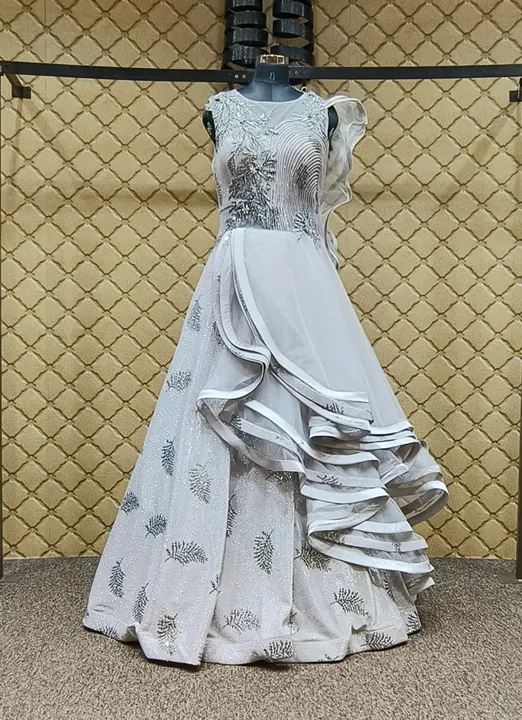 Grey Color Imported Sequins Work Ruffle Gown