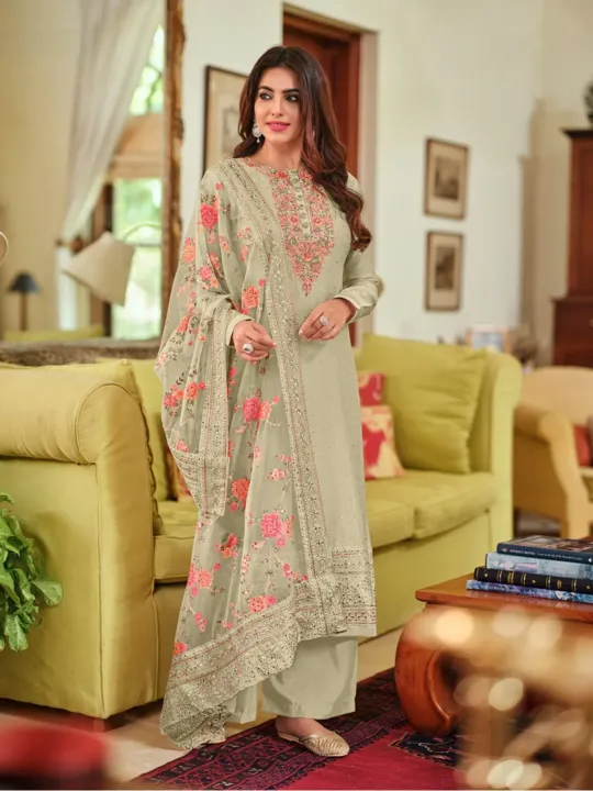 Beige Color Viscose Silk Embroidered Palazzo Suit