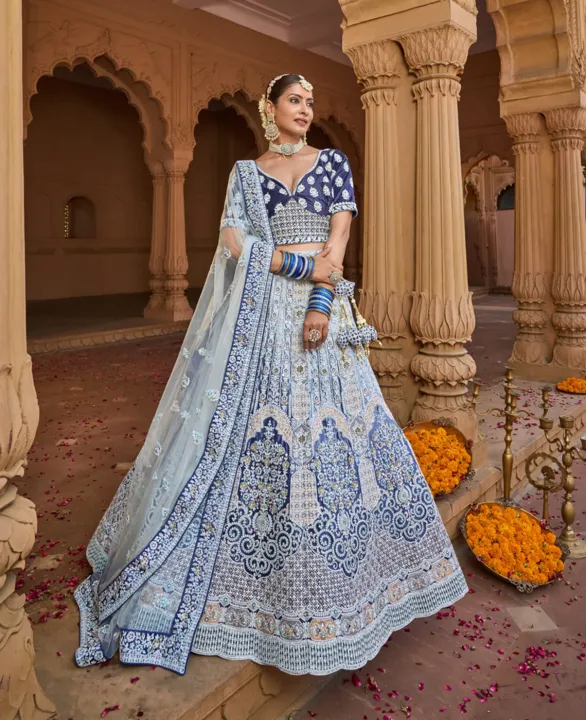 Blue Color Velvet Embroidered Bridal Lehenga Choli