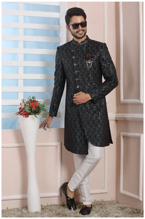Black And Grey Color Jacquard Silk Indo Western