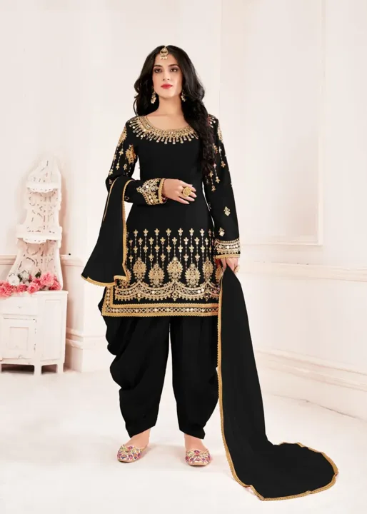 Black Color Faux Georgette Mirror Work Punjabi Suit