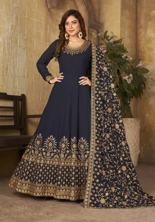 Black Color Faux Georgette Embroidered Work Floor Length Suit