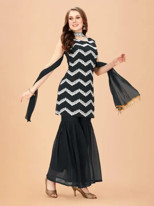 Black Color Faux Georgette Sequins Work Sharara Dress