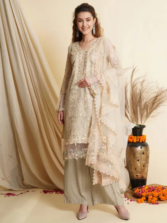 Beige Color Net Sequins Work Pakistani Style Suit