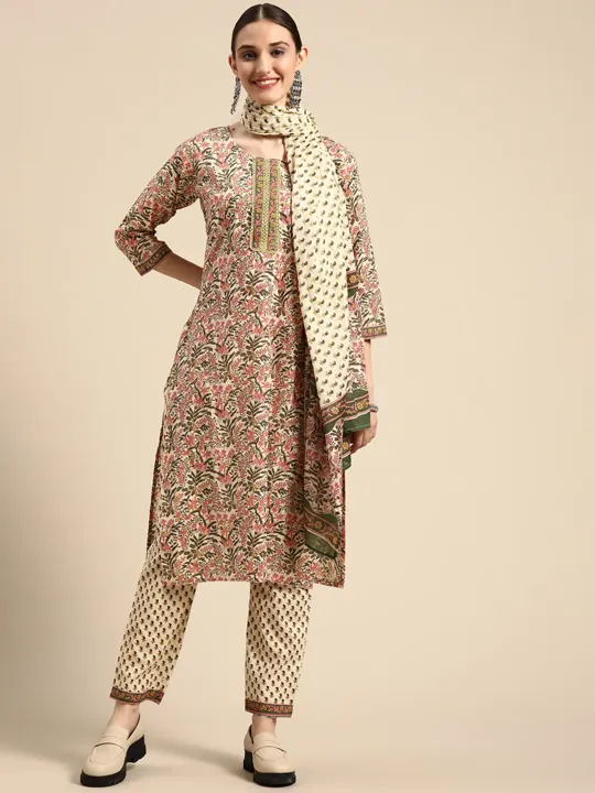 Beige Color Pure Cotton Floral Print Readymade Suit