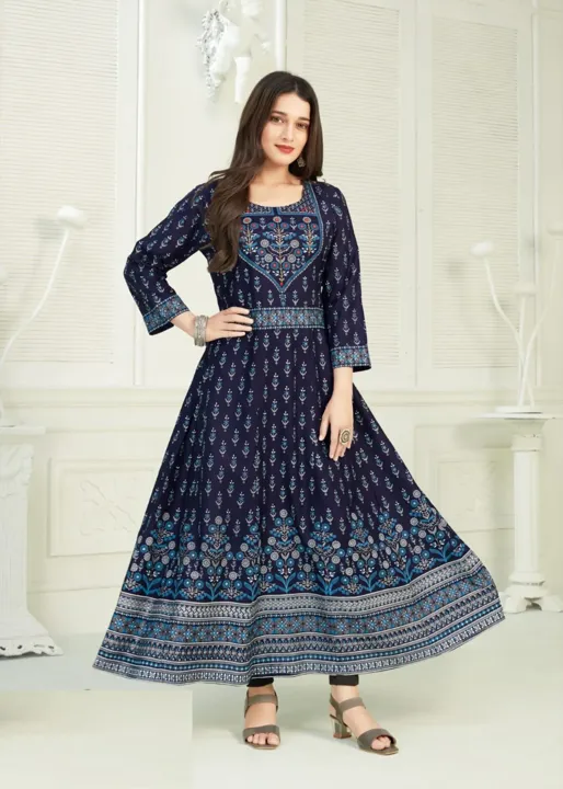 Blue Color Rayon Embroidered Gown
