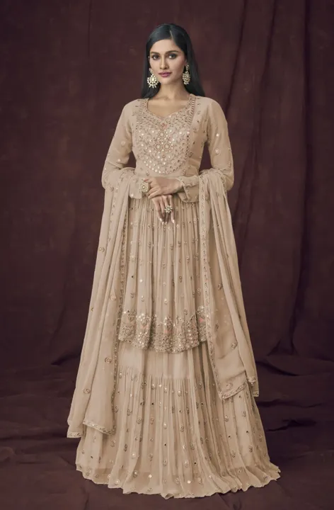 Beige Color Thread Embroidered Palazzo Dress