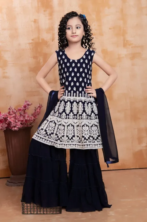 Blue Color Faux Georgette Lucknowi Work Kids Dress