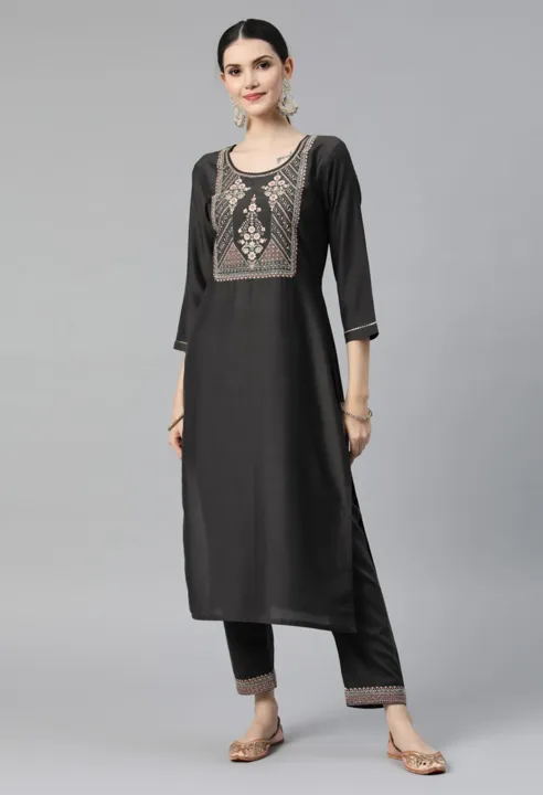 Black Color Muslin Sequins Embroidered Kurti With Bottom