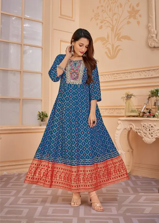 Blue Color Rayon Embroidered Work Gown