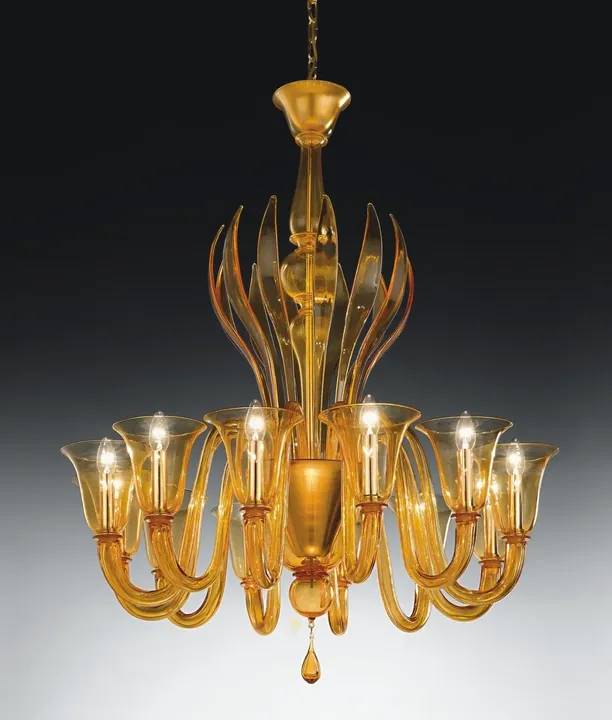 Murano Glass Chandelier Inverted Bell Leaf Detail Amber