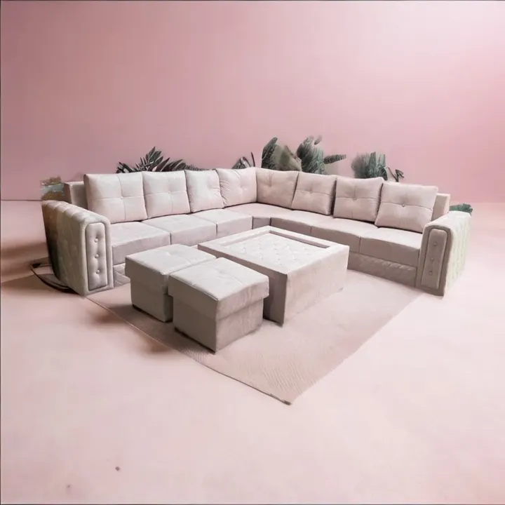 L Shape Sofa Set (3+3+Corner+Puffy+Table with Glass)