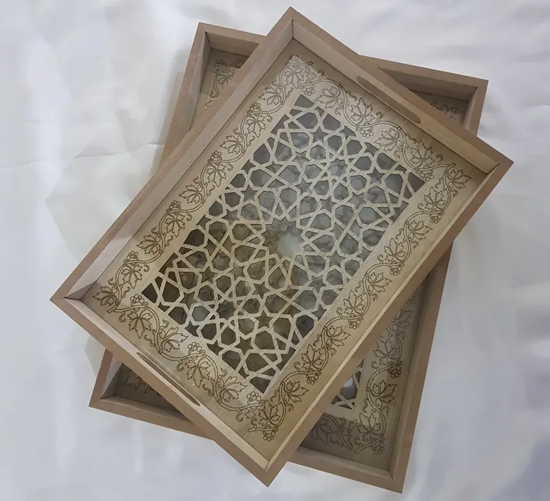 Wooden tray from geometric patterned collection