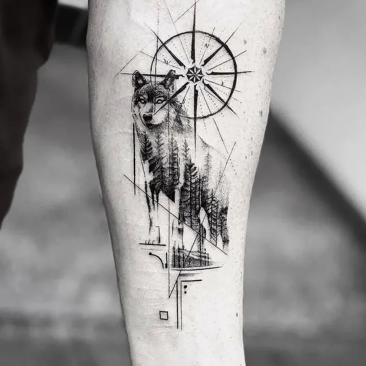 Compass & Wolf Tattoo
